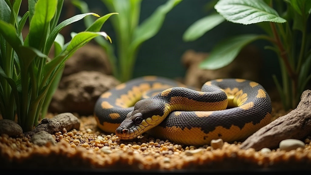 Python auf Bodensubstrat in einem bepflanzten Terrarium