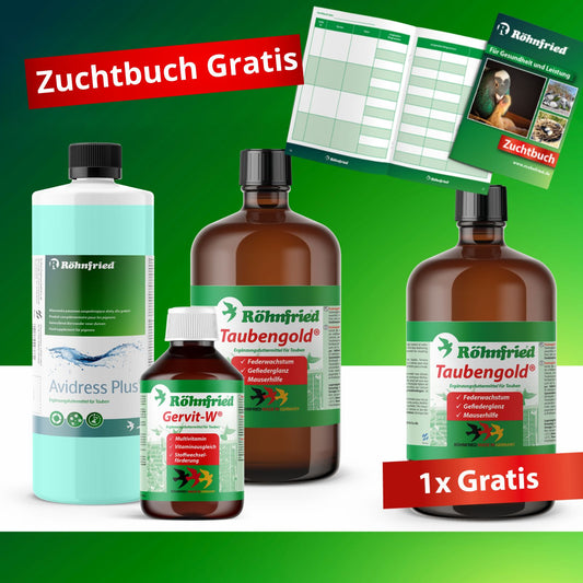 Röhnfried Mauserpaket für Tauben: Avidress Plus, Gervit-W und Taubengold (1x gratis). Gratis Zuchtbuch inklusive. Ideal für Taubenpflege, Gefiederwachstum und Mauserhilfe.