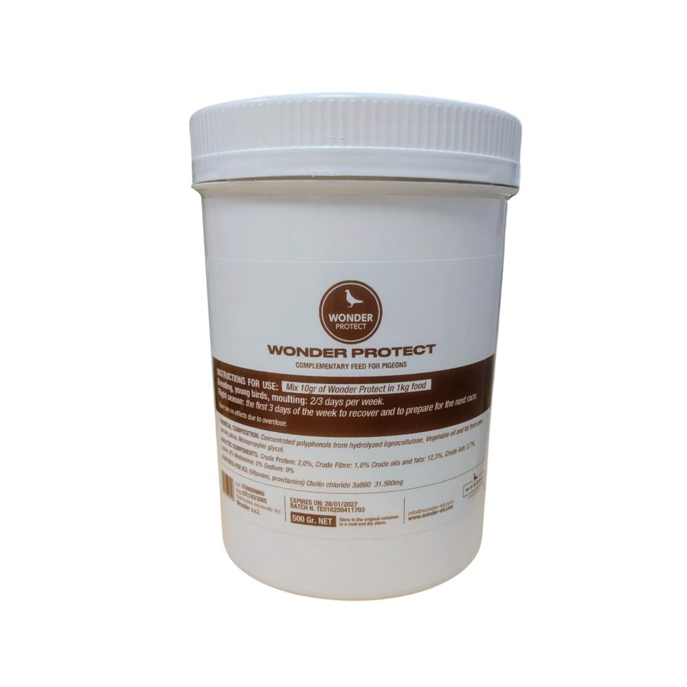 Weiße Dose Wonder Protect – Ergänzungsfuttermittel für Tauben, mit braunem Etikett und Dosierempfehlung (10 g pro kg Futter), Inhalt: 500 g.