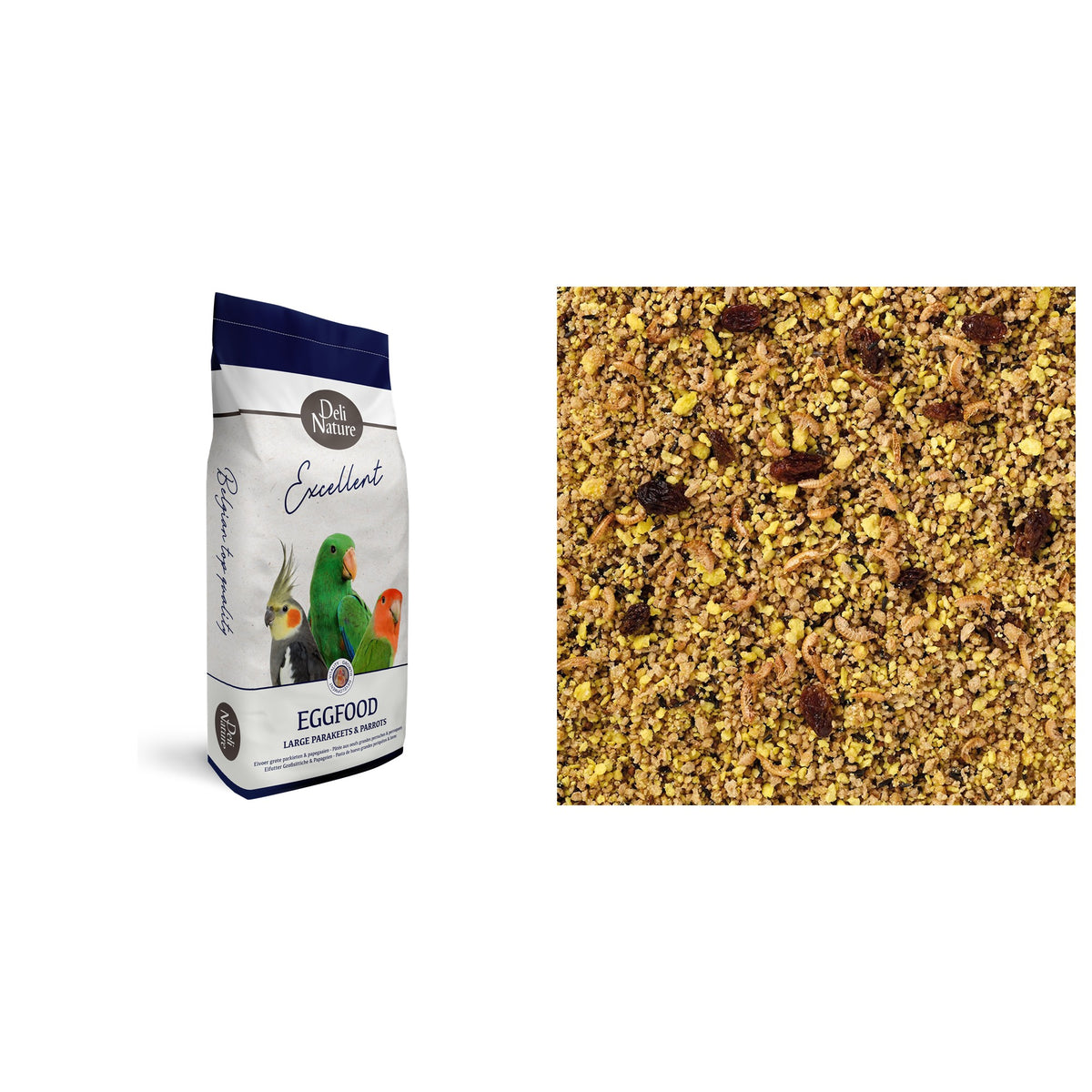 Deli Nature Eifutter Großsittiche & Papageien Feucht 10 kg Sack und Futterdetail