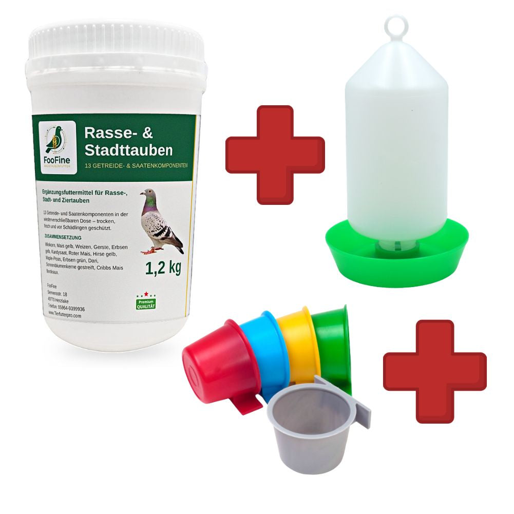 FooFine Taubenstarter Set: 1,2-kg-Dose Taubenfutter, Geflügeltränke 1 Liter und Kunststoffnapf – Napffarbe variiert
